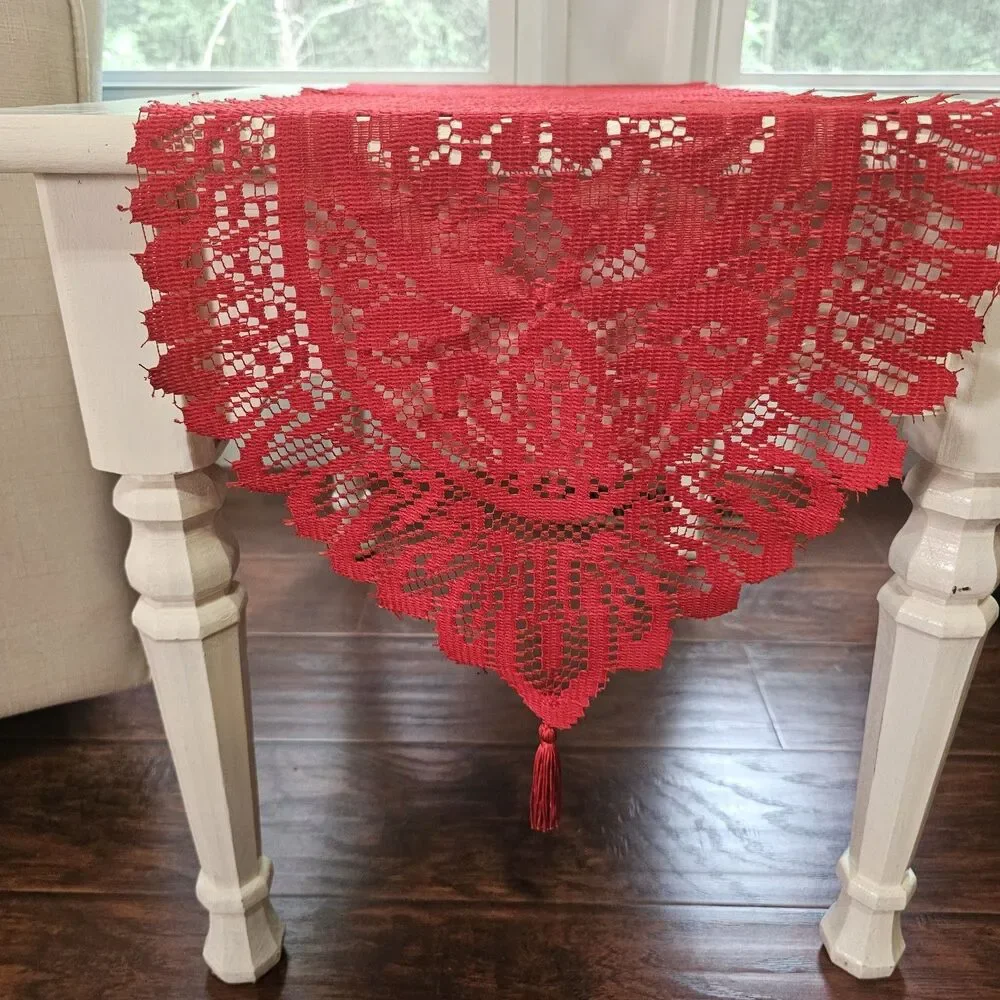 Cherry Red Floral Lace Table Runner with Tassel Fringe 48x13 Cottage Holiday